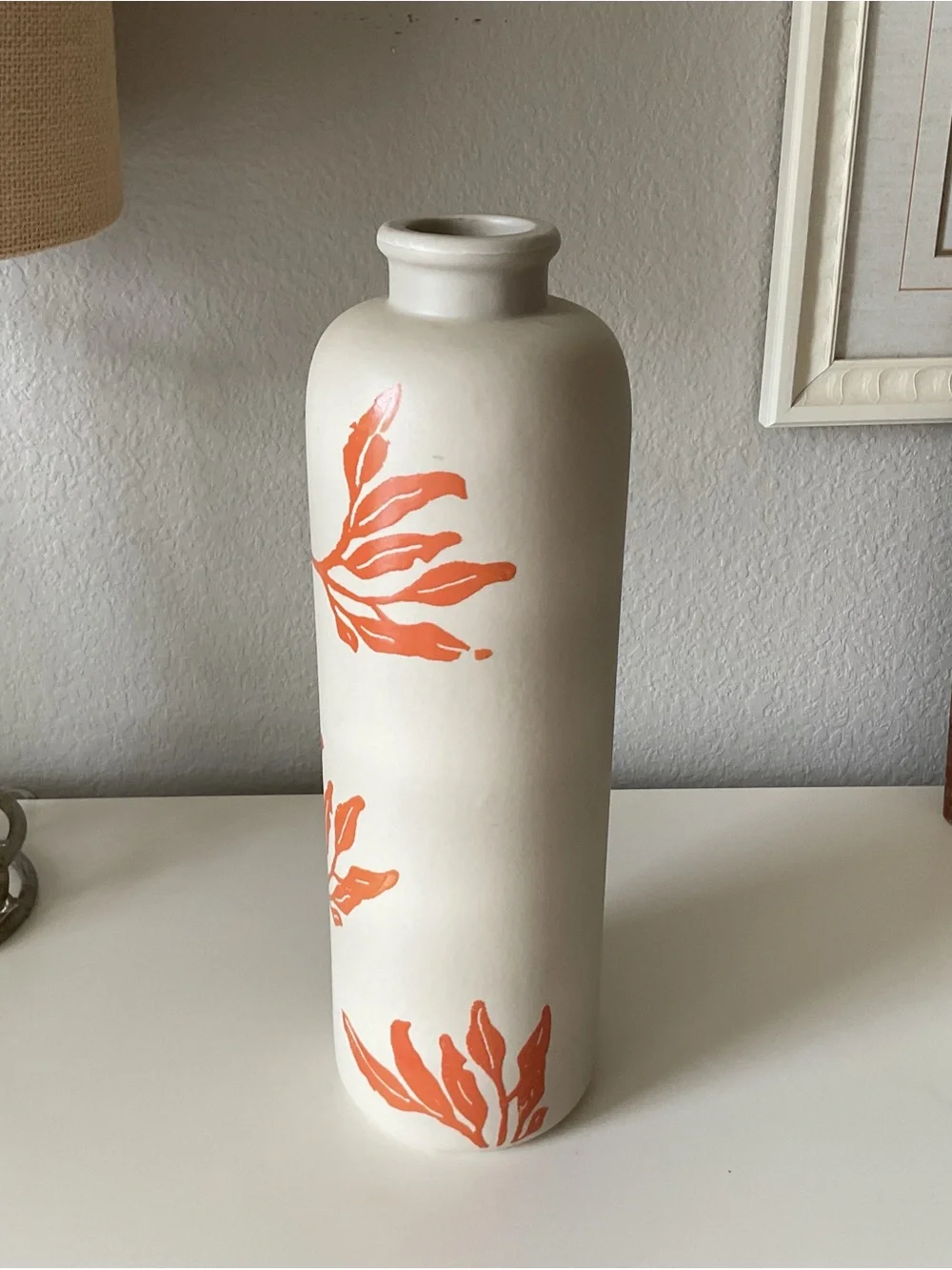 Cream Ceramic Vase with Orange Leaf Motif, made in Portugal